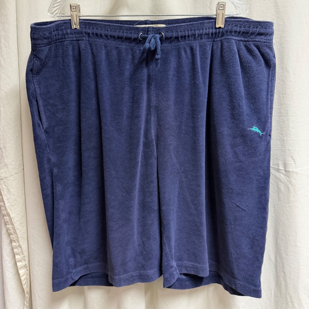 Tommy Bahama Mens XL Navy Blue French Terry Cloth Lounge Poolside Shorts Marlin